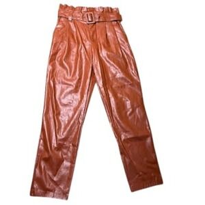 Womens Faux Leather‎ Pants High Waist Brown Paper Bag Waist Belted Trousers